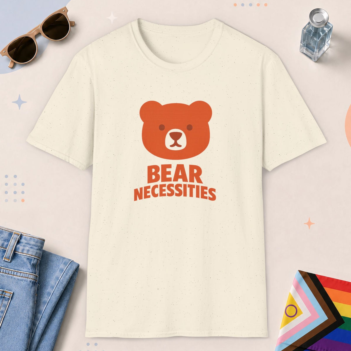 Natural color all-gender graphic t-shirt with "Bear Necessities" design