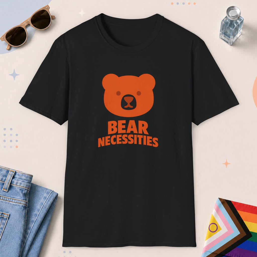 Black color all-gender graphic t-shirt with "Bear Necessities" design