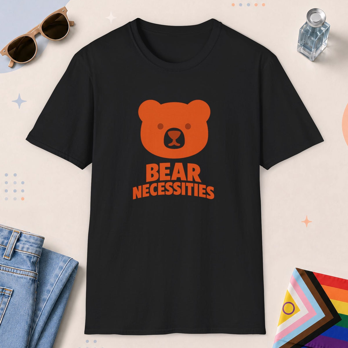 Black color all-gender graphic t-shirt with "Bear Necessities" design