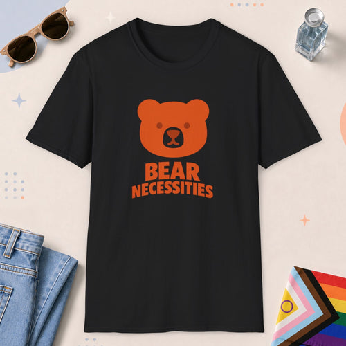 Black color all-gender graphic t-shirt with "Bear Necessities" design