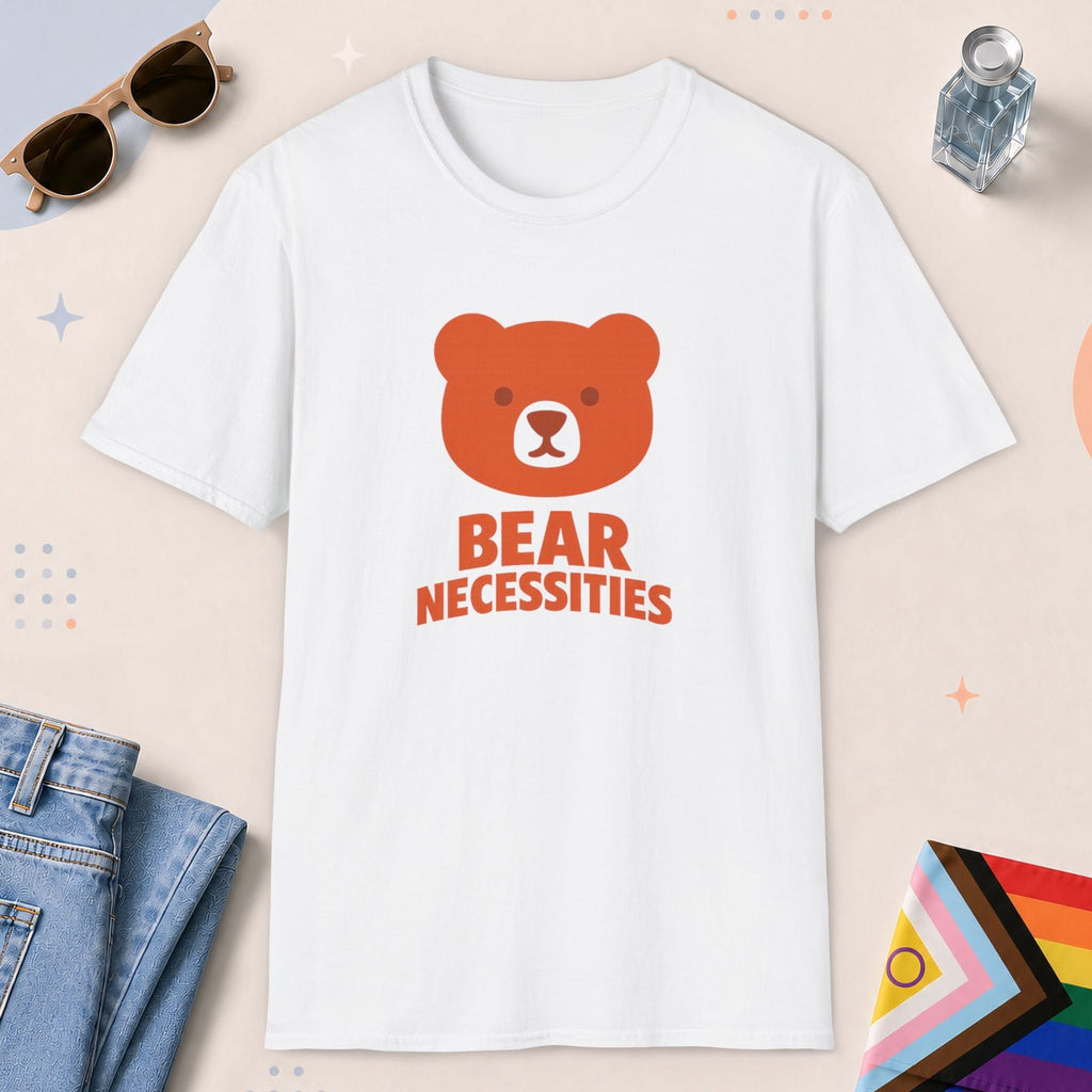 White color all-gender graphic t-shirt with "Bear Necessities" design