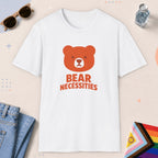White color all-gender graphic t-shirt with "Bear Necessities" design