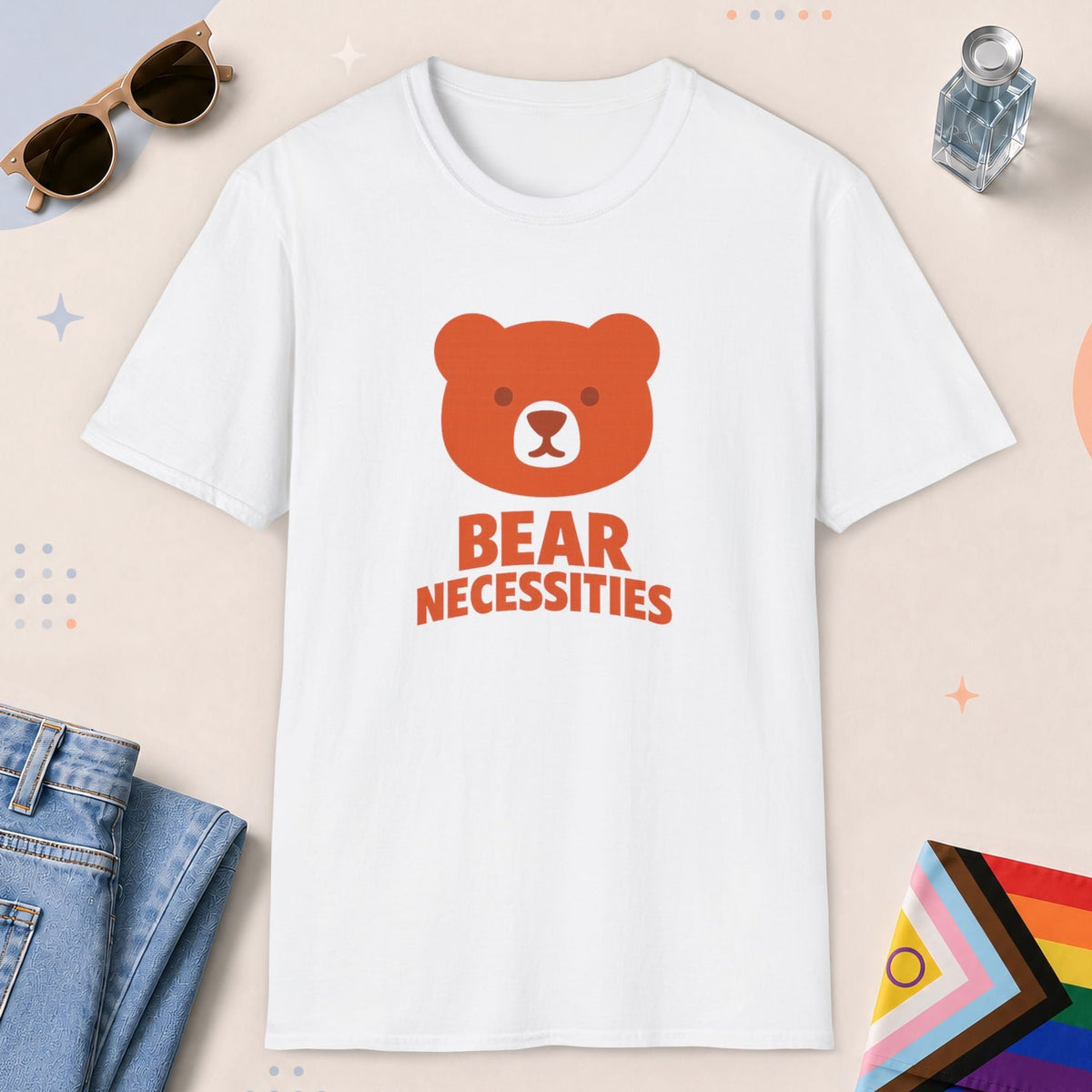 White color all-gender graphic t-shirt with "Bear Necessities" design