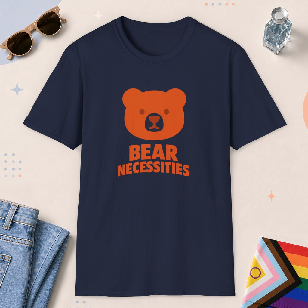 Navy color all-gender graphic t-shirt with "Bear Necessities" design
