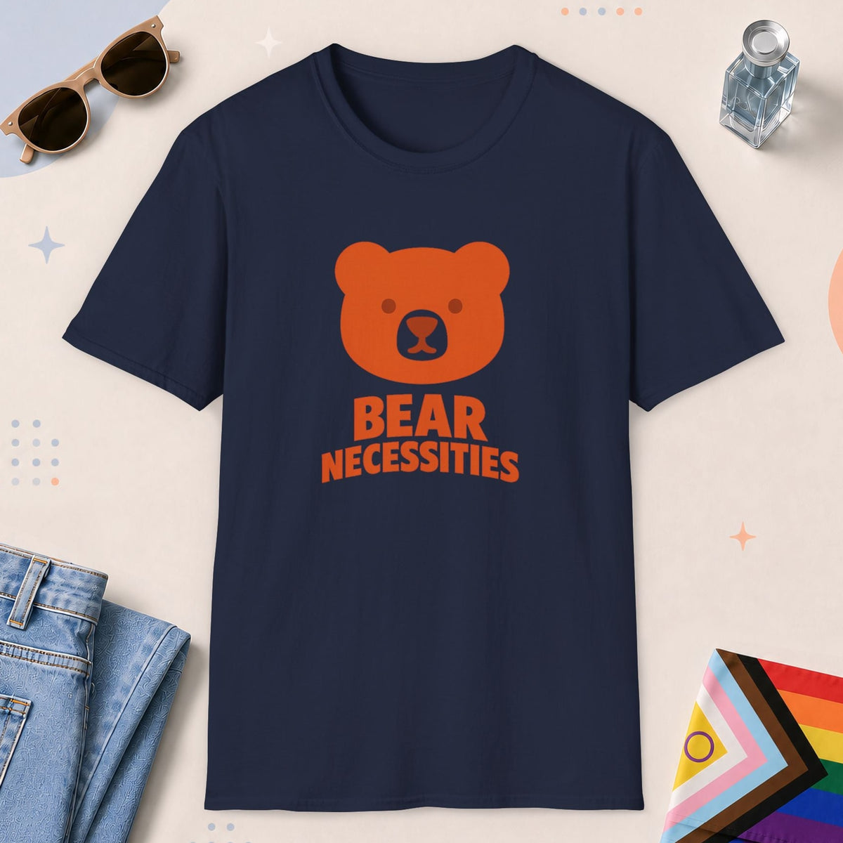 Navy color all-gender graphic t-shirt with "Bear Necessities" design