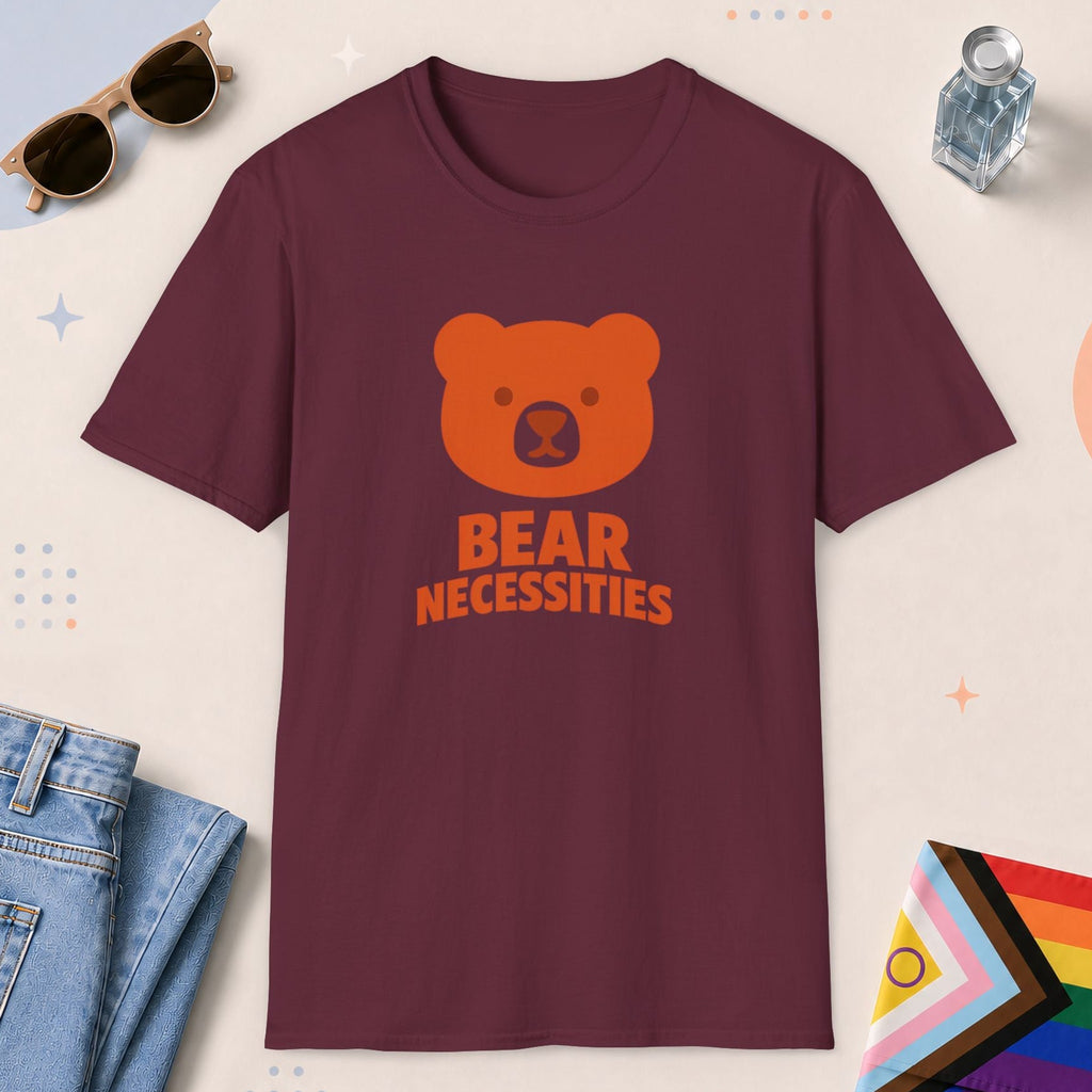 Maroon color all-gender graphic t-shirt with "Bear Necessities" design