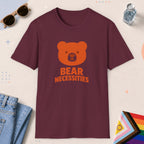 Maroon color all-gender graphic t-shirt with "Bear Necessities" design