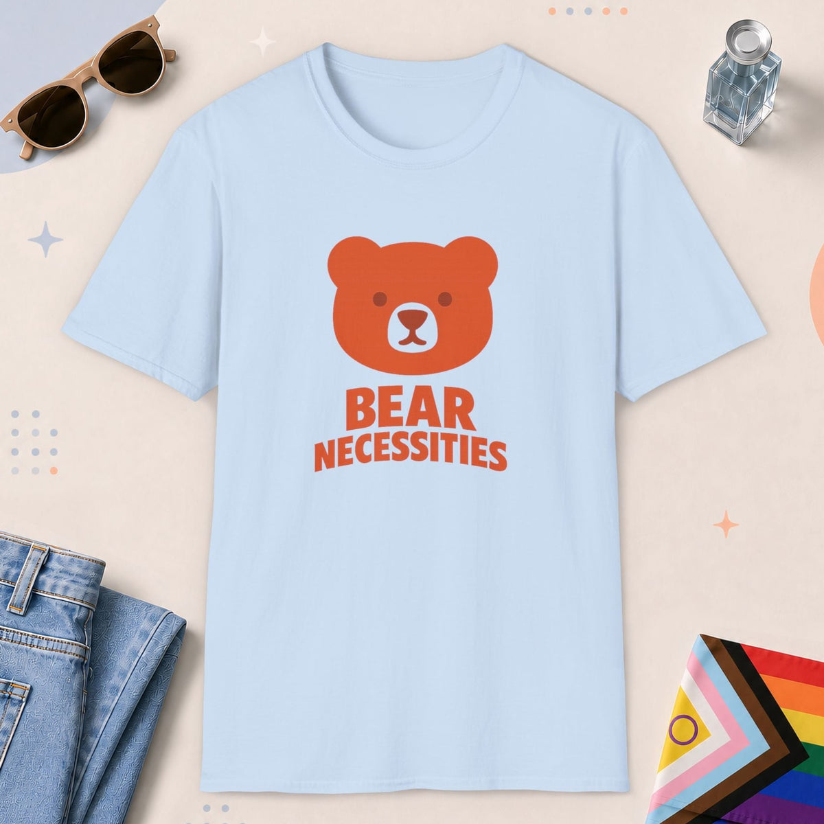 Light Blue color all-gender graphic t-shirt with "Bear Necessities" design