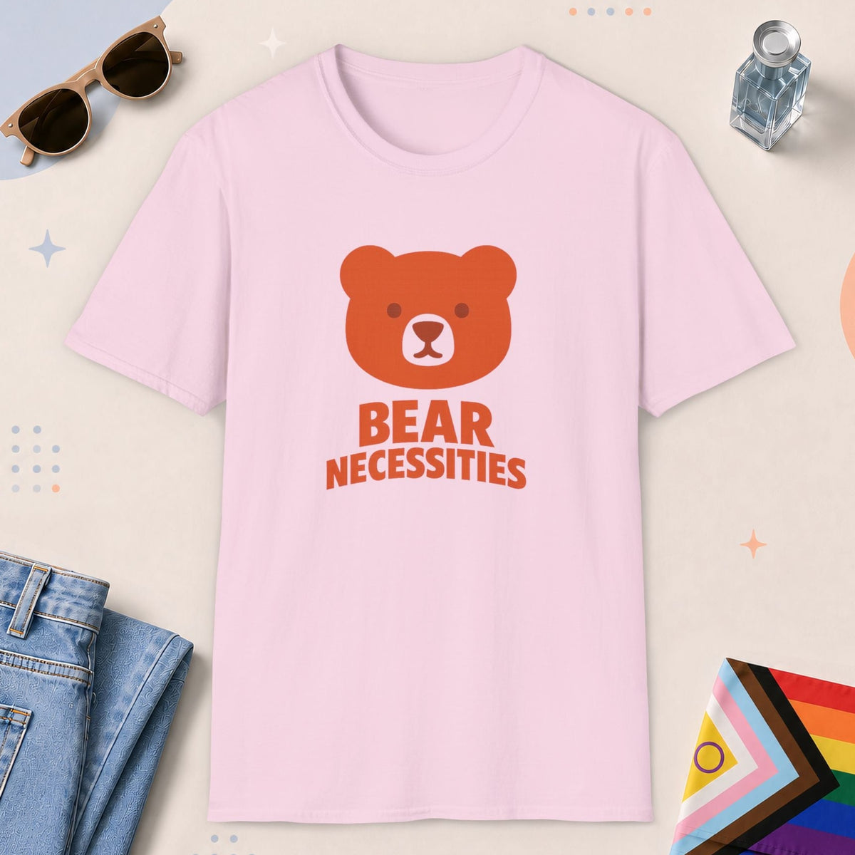 Light Pink color all-gender graphic t-shirt with "Bear Necessities" design