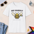 White color all-gender graphic t-shirt with "Bee Yourself" design