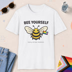 White color all-gender graphic t-shirt with "Bee Yourself" design