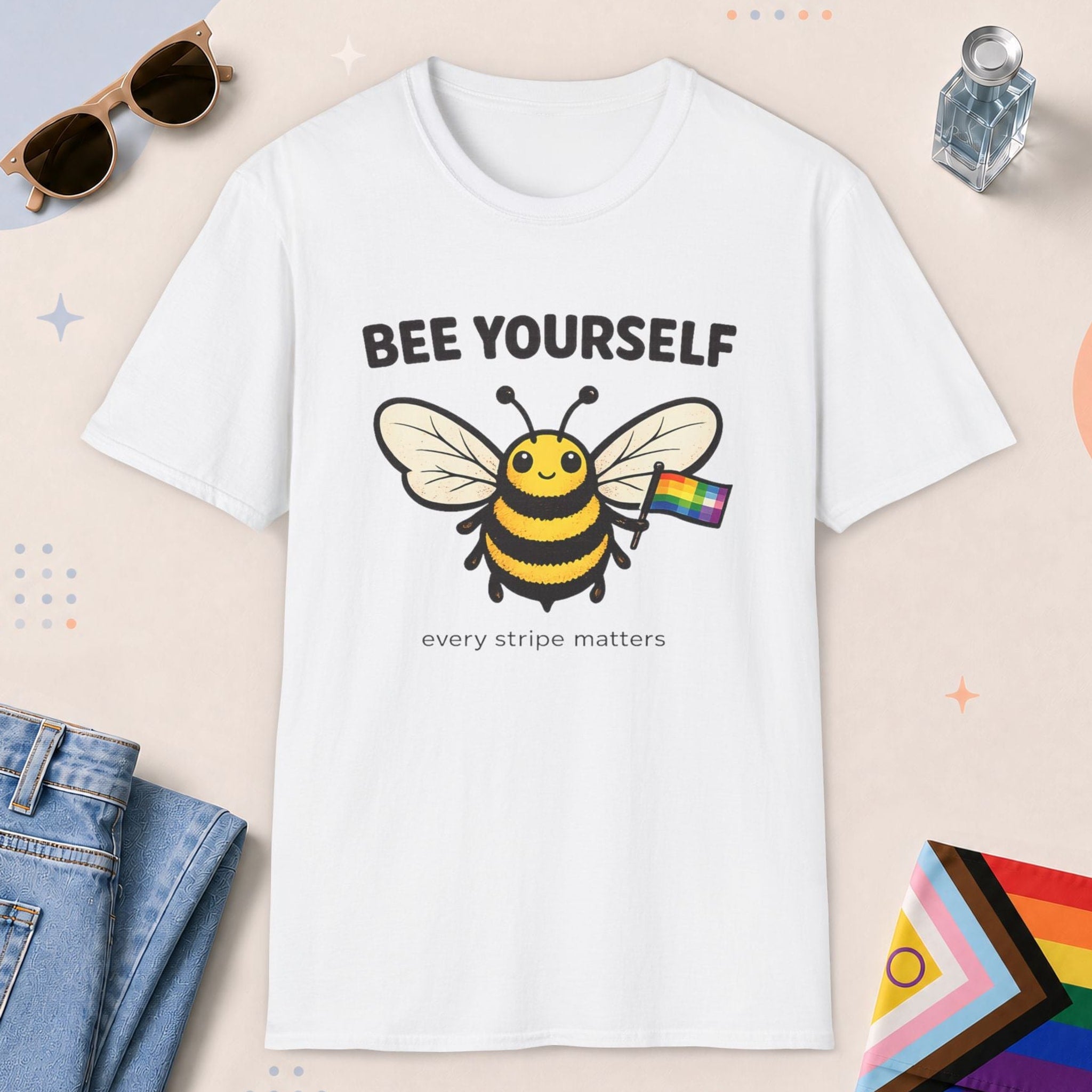 White color all-gender graphic t-shirt with "Bee Yourself" design