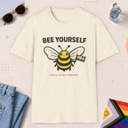 Natural color all-gender graphic t-shirt with "Bee Yourself" design