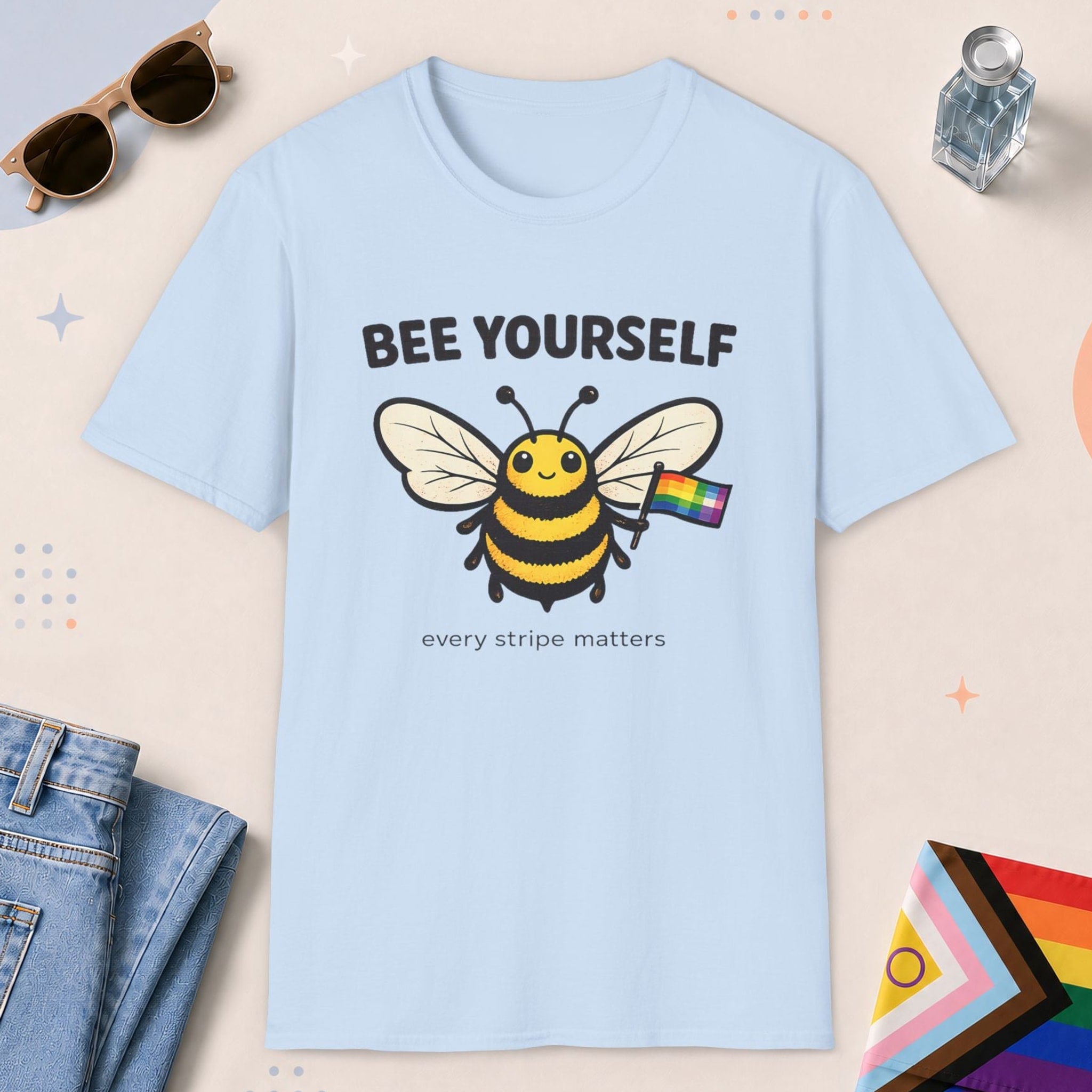 Light Blue color all-gender graphic t-shirt with "Bee Yourself" design