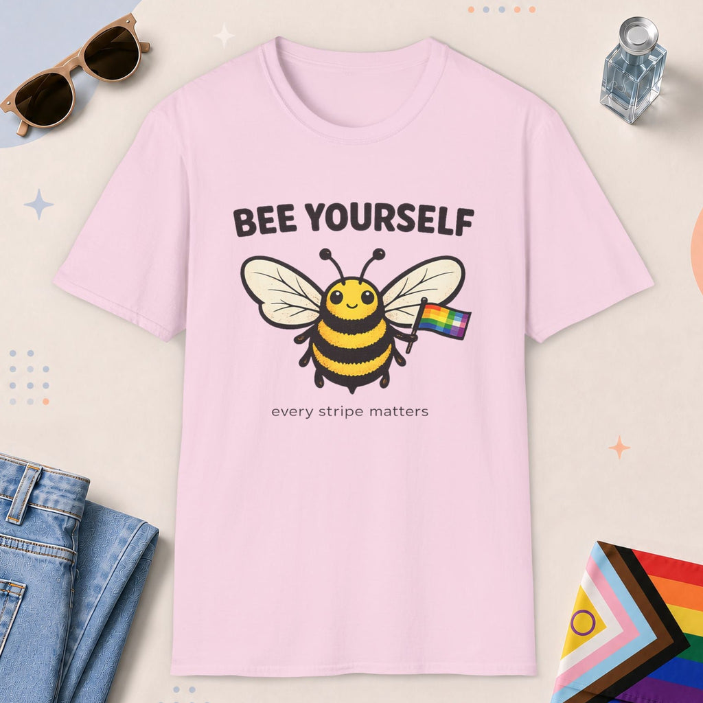 Light Pink color all-gender graphic t-shirt with "Bee Yourself" design