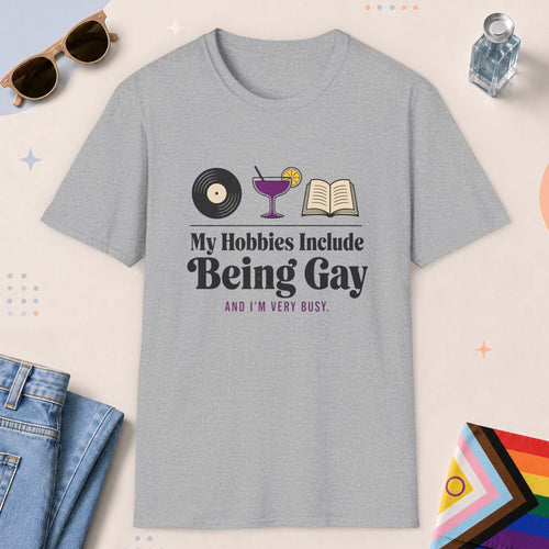 Sport Grey color all-gender graphic t-shirt with "Being Gay Hobby" design