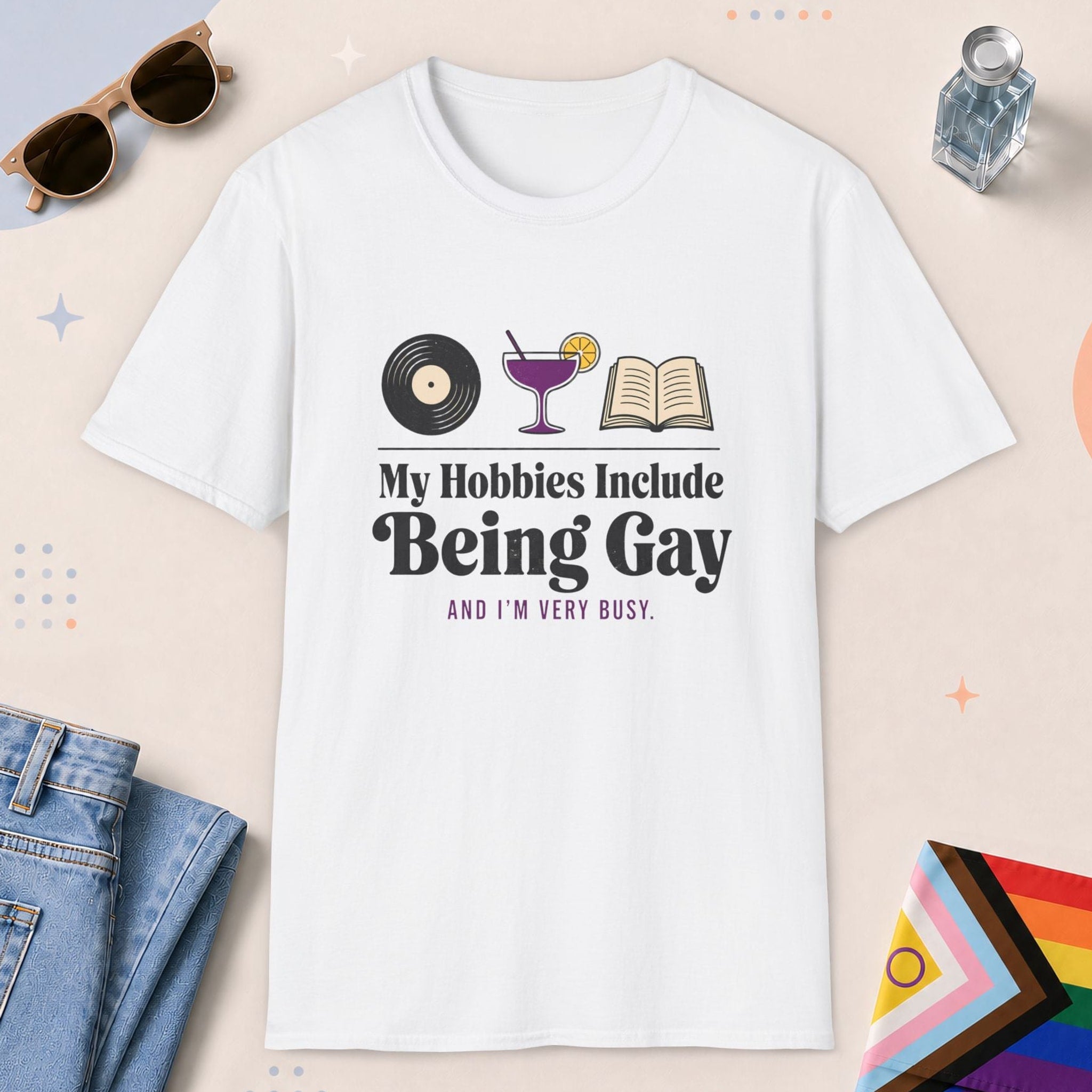 White color all-gender graphic t-shirt with "Being Gay Hobby" design