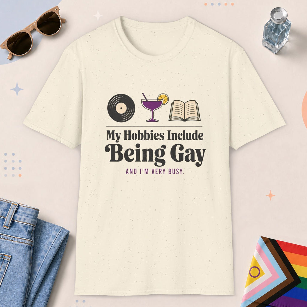 Natural color all-gender graphic t-shirt with "Being Gay Hobby" design