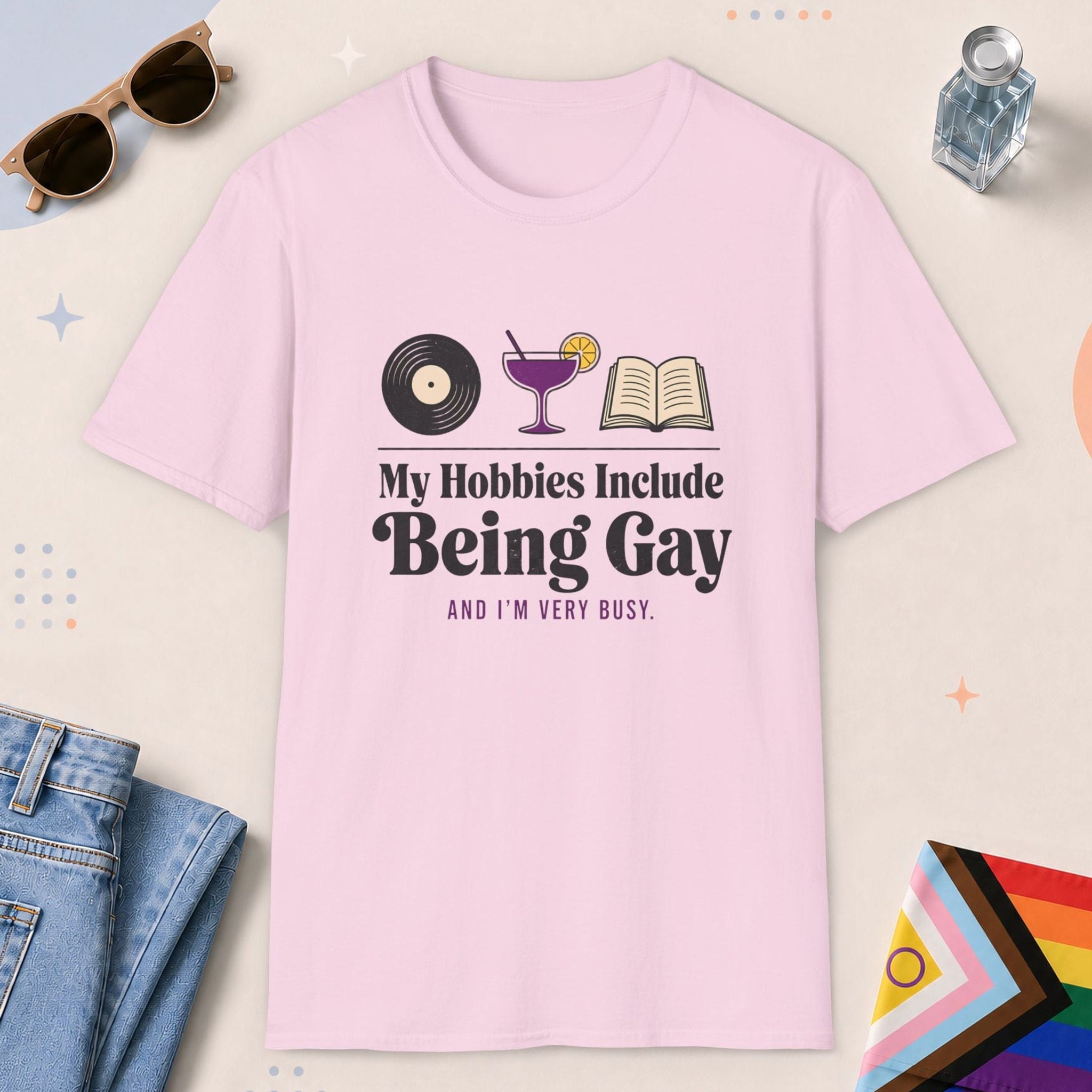 Light Pink color all-gender graphic t-shirt with "Being Gay Hobby" design