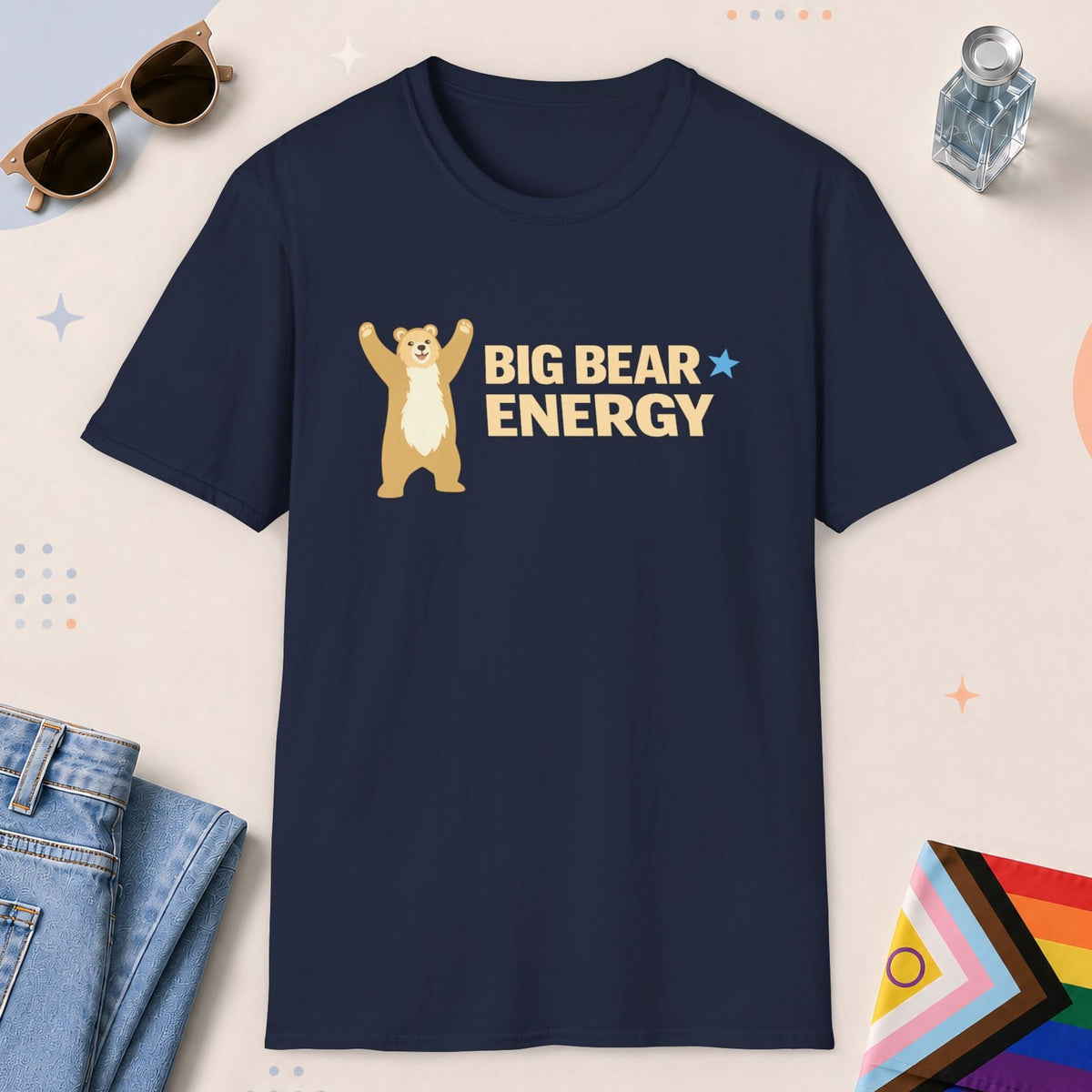 Navy color all-gender graphic t-shirt with "Big Bear Energy" design