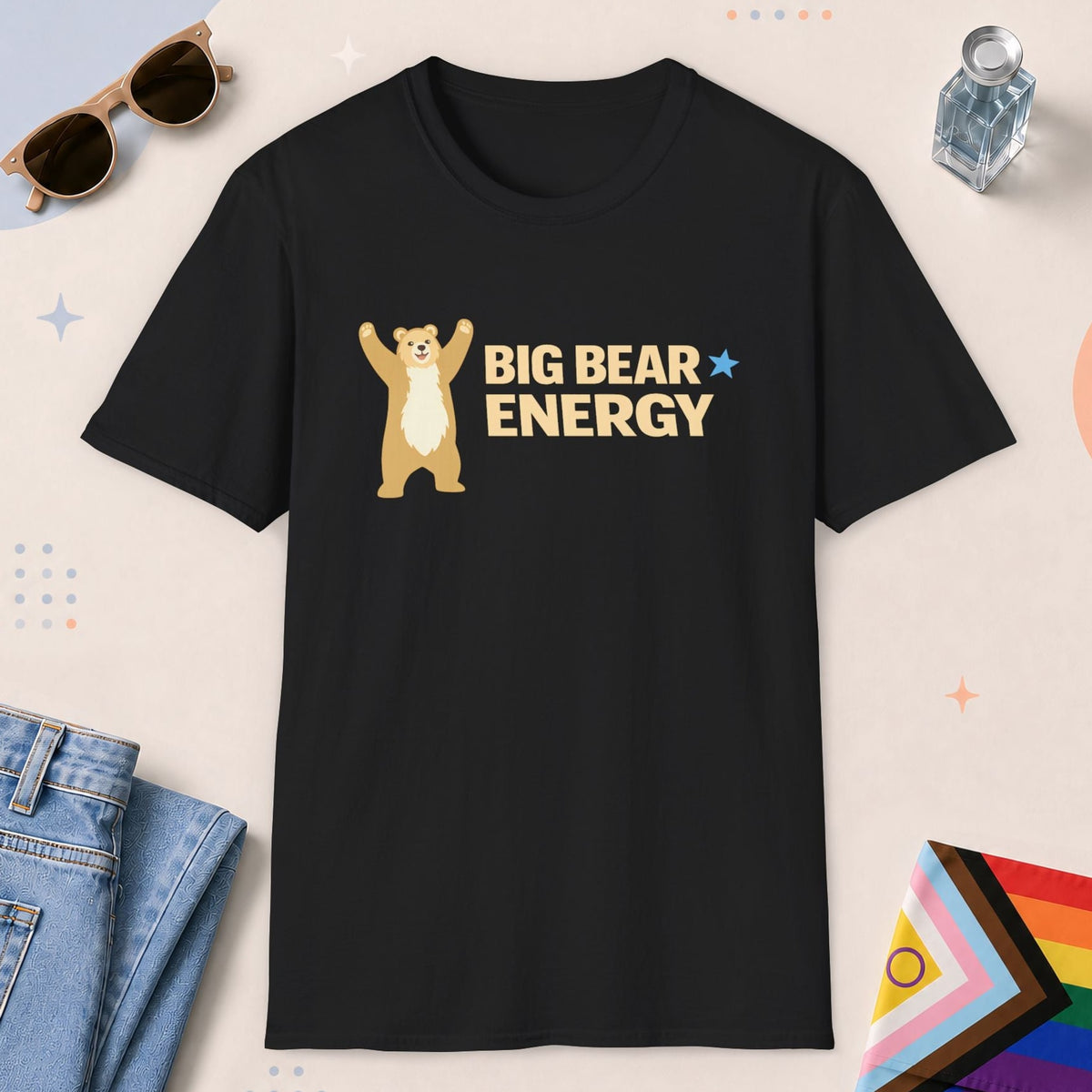 Black color all-gender graphic t-shirt with "Big Bear Energy" design