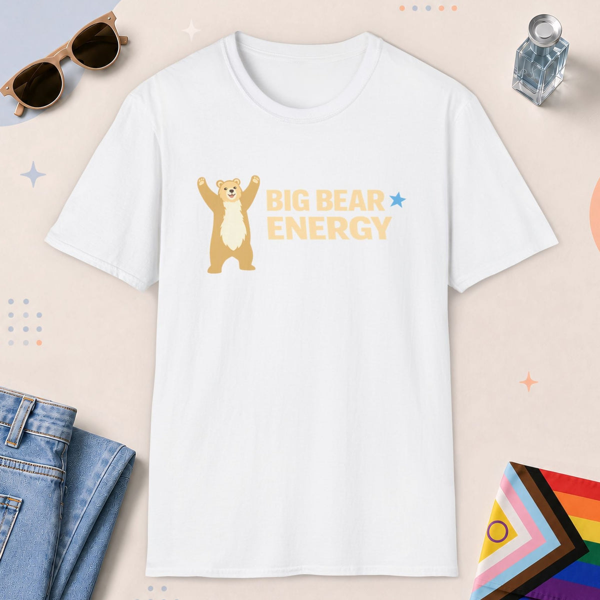 White color all-gender graphic t-shirt with "Big Bear Energy" design