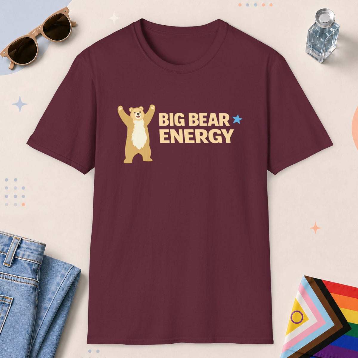 Maroon color all-gender graphic t-shirt with "Big Bear Energy" design