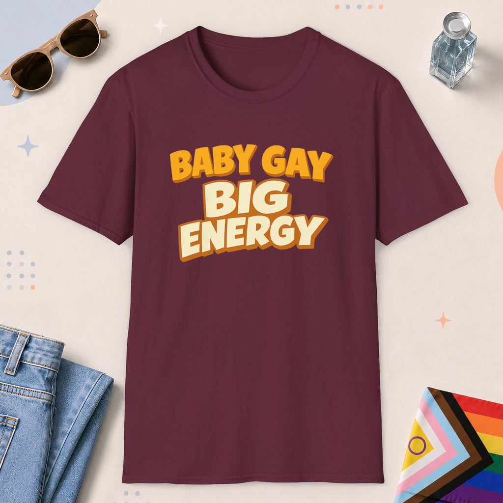 Maroon color all-gender graphic t-shirt with "Big Energy" design