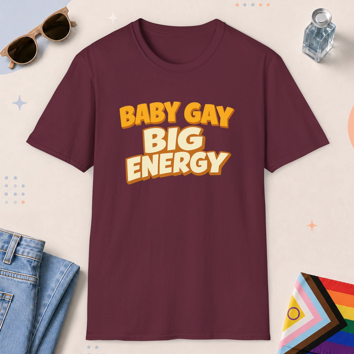 Maroon color all-gender graphic t-shirt with "Big Energy" design