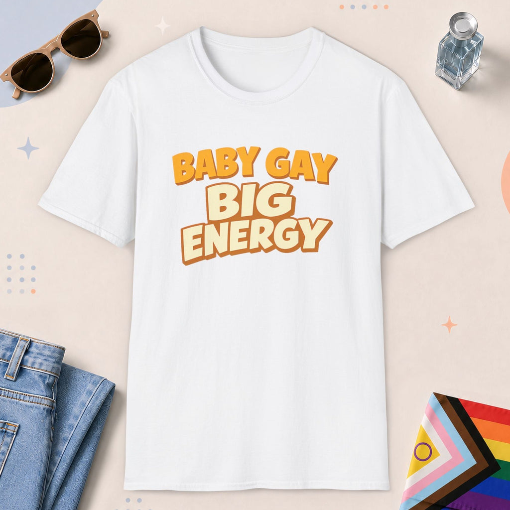 White color all-gender graphic t-shirt with "Big Energy" design