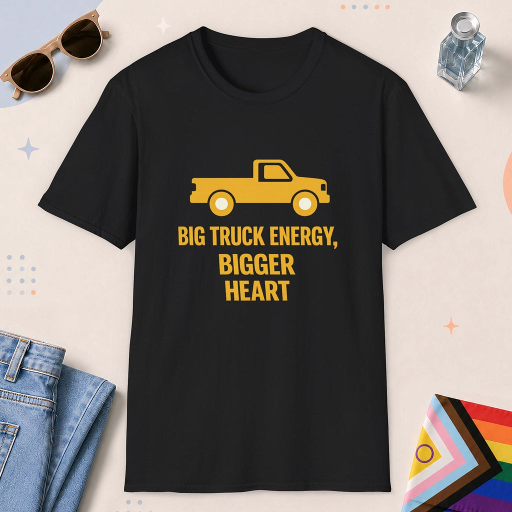 Black color all-gender graphic t-shirt with "Big Truck Energy" design