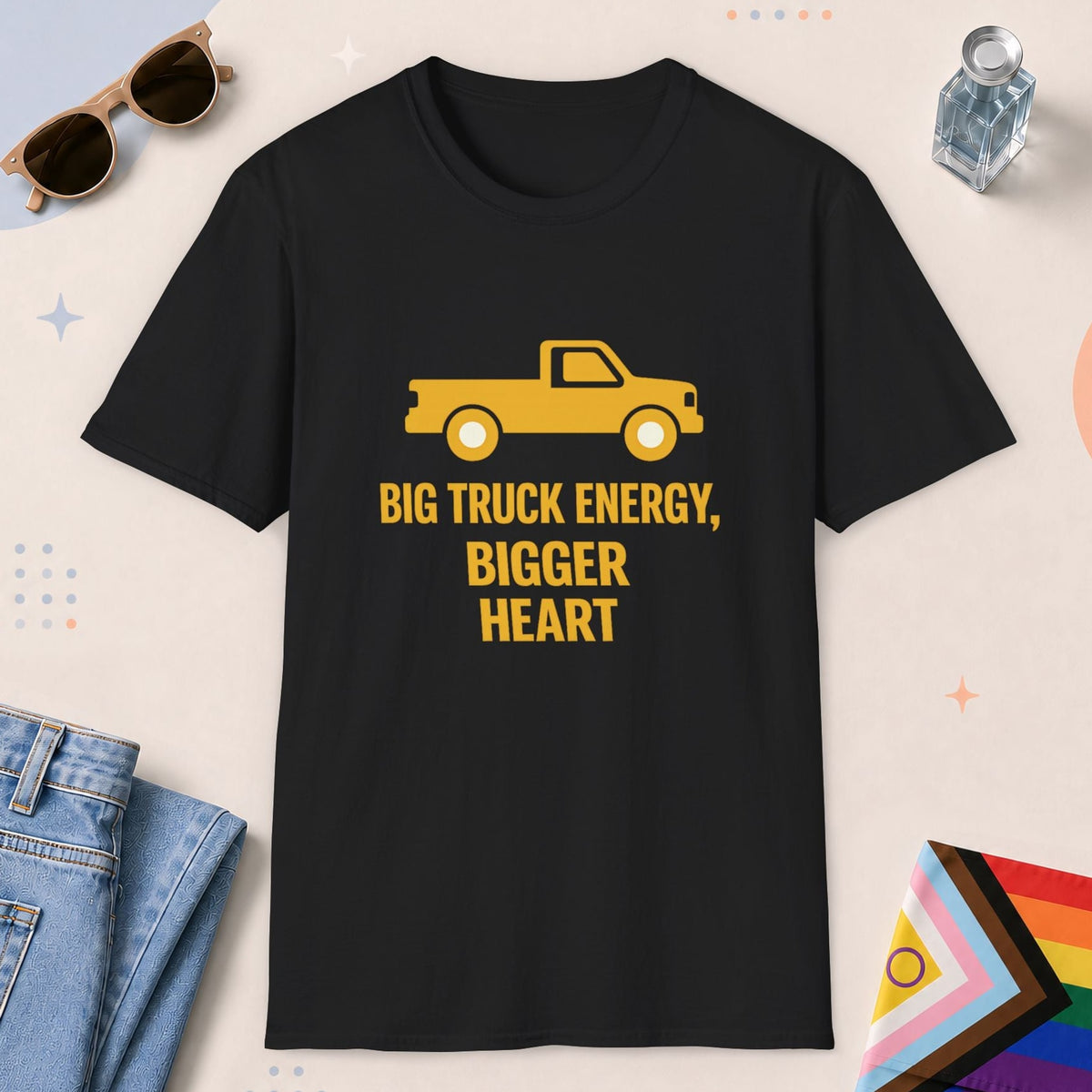 Black color all-gender graphic t-shirt with "Big Truck Energy" design