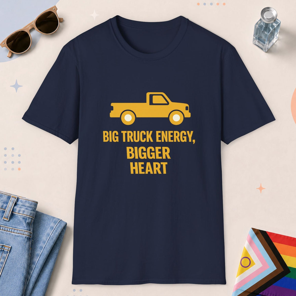 Navy color all-gender graphic t-shirt with "Big Truck Energy" design