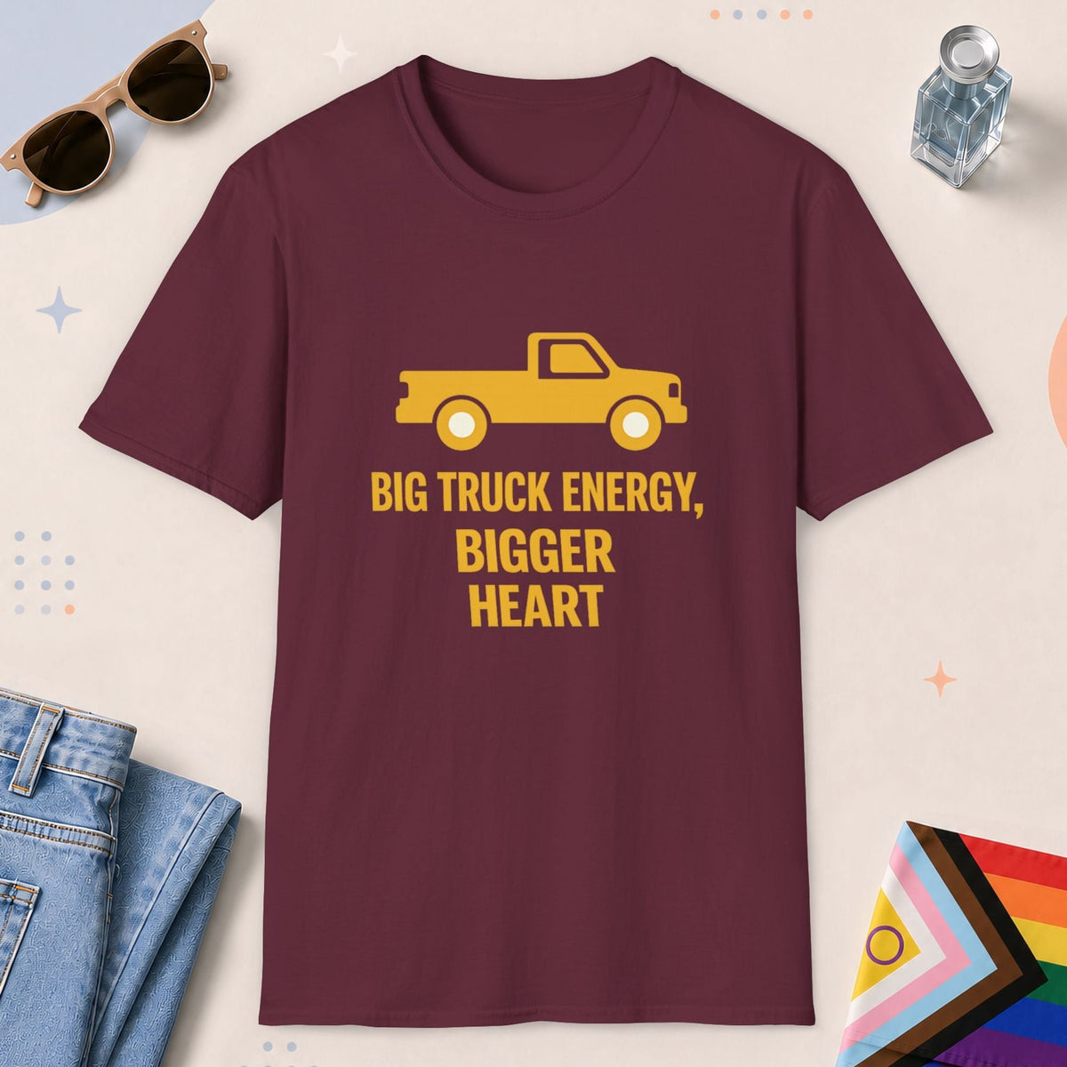 Maroon color all-gender graphic t-shirt with "Big Truck Energy" design