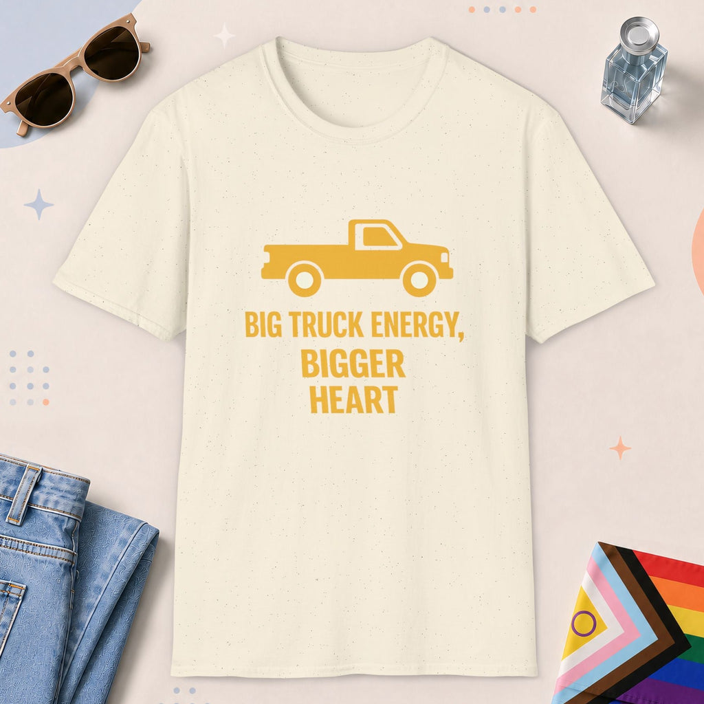 Natural color all-gender graphic t-shirt with "Big Truck Energy" design
