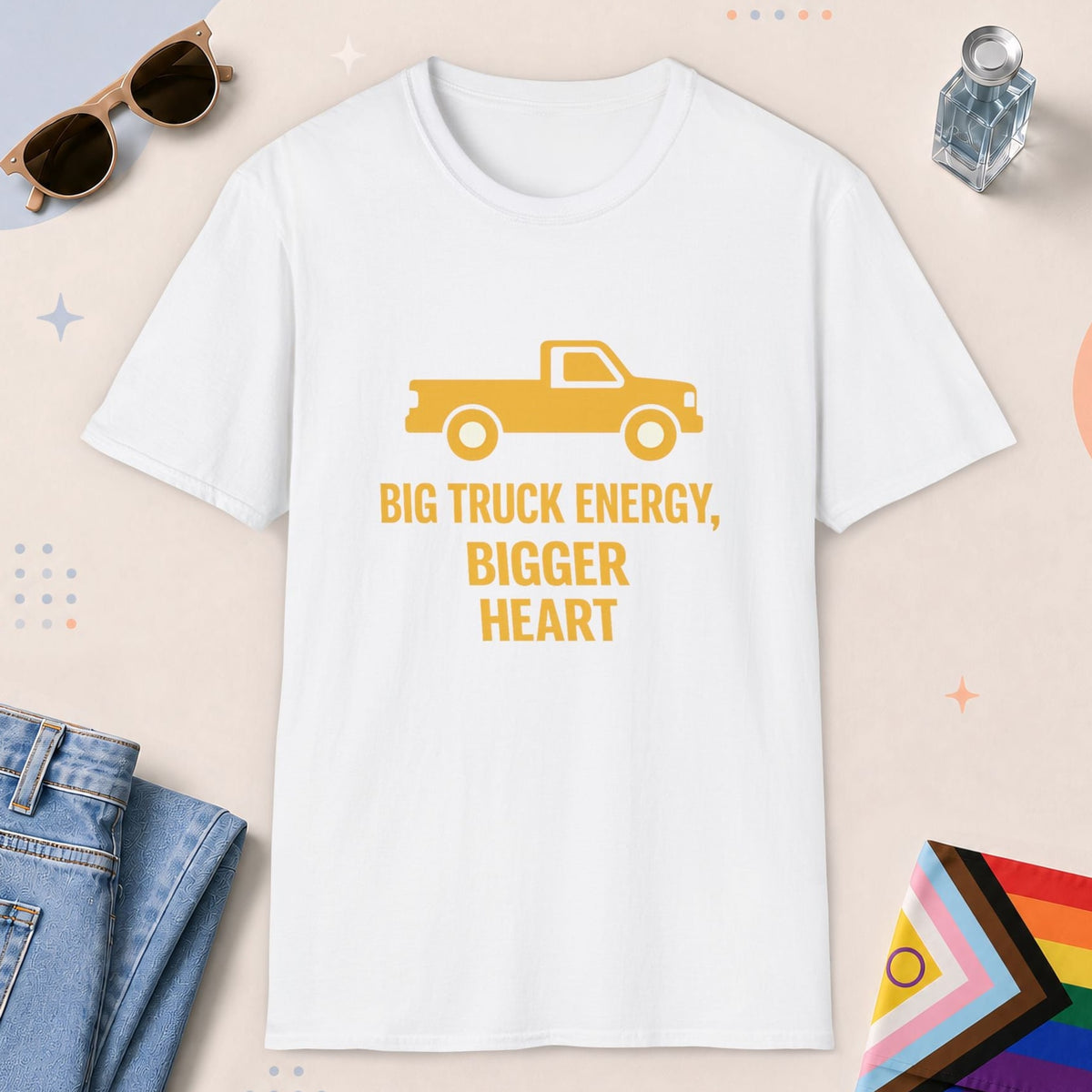 White color all-gender graphic t-shirt with "Big Truck Energy" design