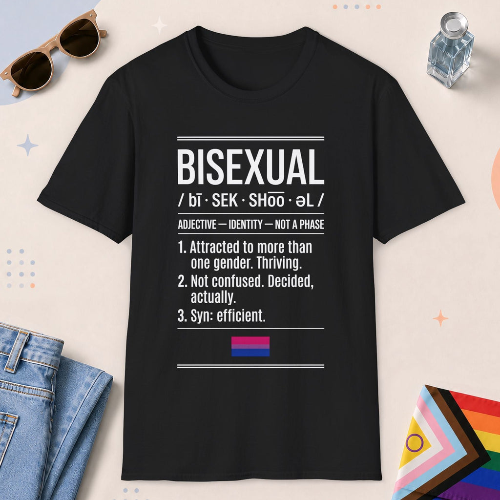 Black color all-gender graphic t-shirt with "Bisexual Definition" design