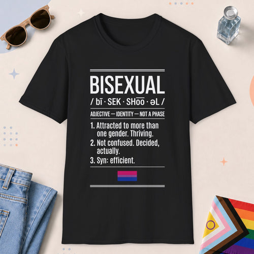 Black color all-gender graphic t-shirt with "Bisexual Definition" design
