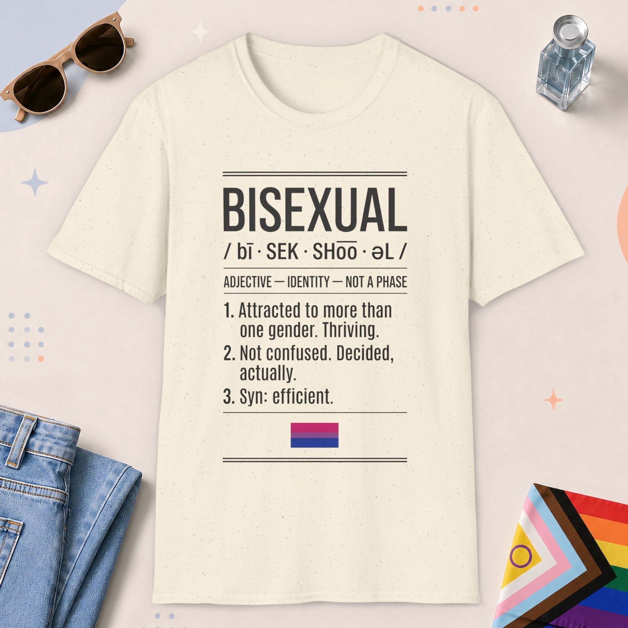 Natural color all-gender graphic t-shirt with "Bisexual Definition" design
