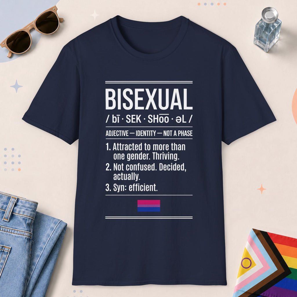 Navy color all-gender graphic t-shirt with "Bisexual Definition" design