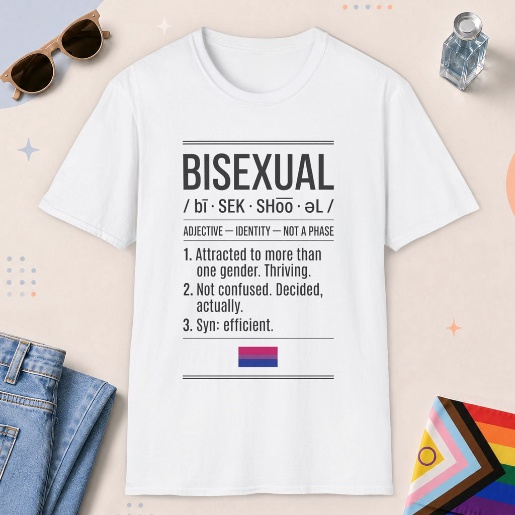 White color all-gender graphic t-shirt with "Bisexual Definition" design