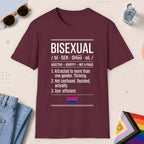Maroon color all-gender graphic t-shirt with "Bisexual Definition" design