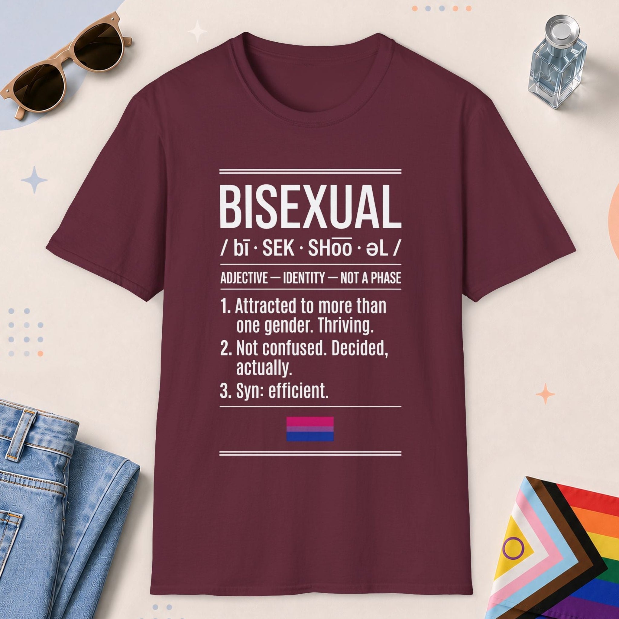 Maroon color all-gender graphic t-shirt with "Bisexual Definition" design