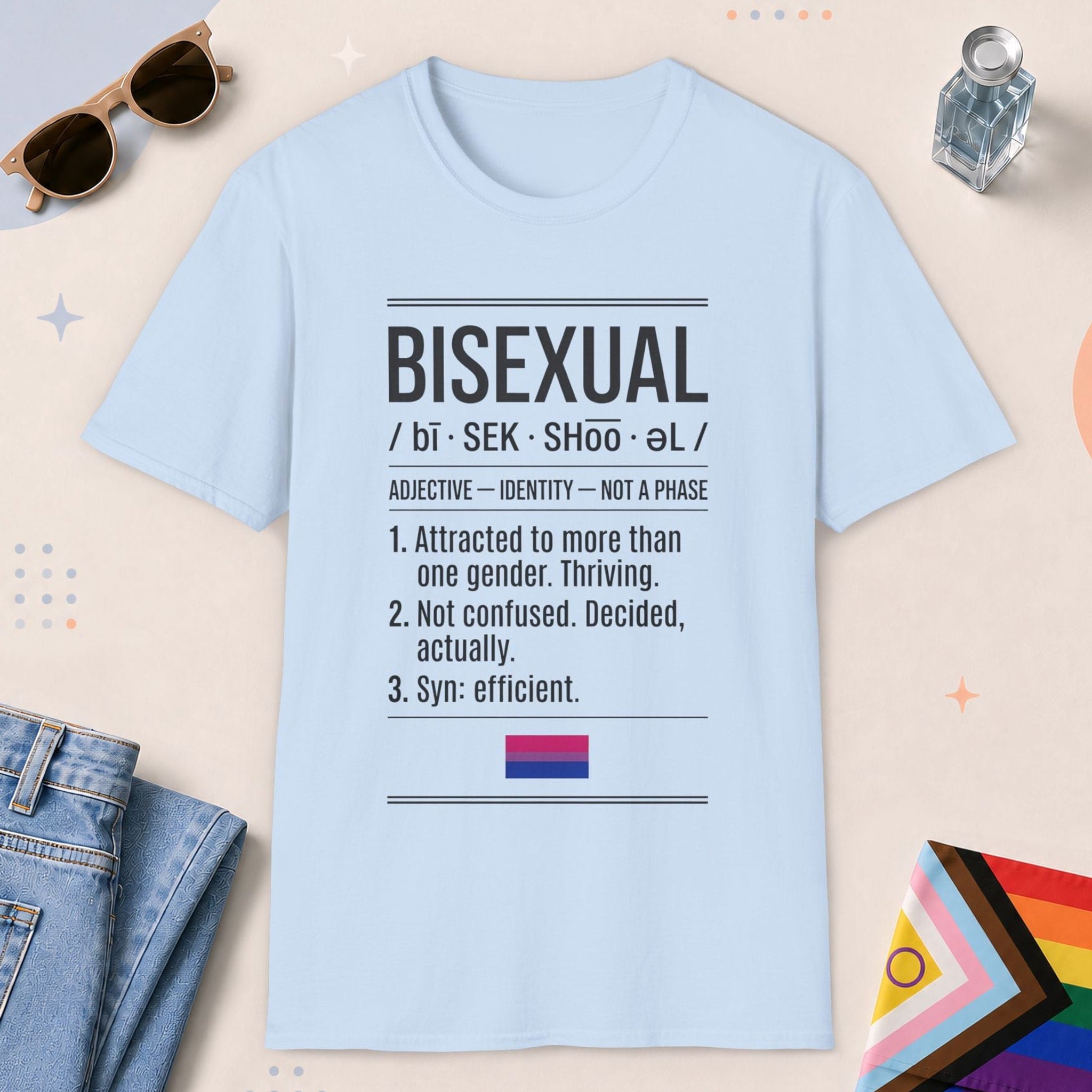 Light Blue color all-gender graphic t-shirt with "Bisexual Definition" design