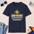 Navy color all-gender graphic t-shirt with "Born This Way" design