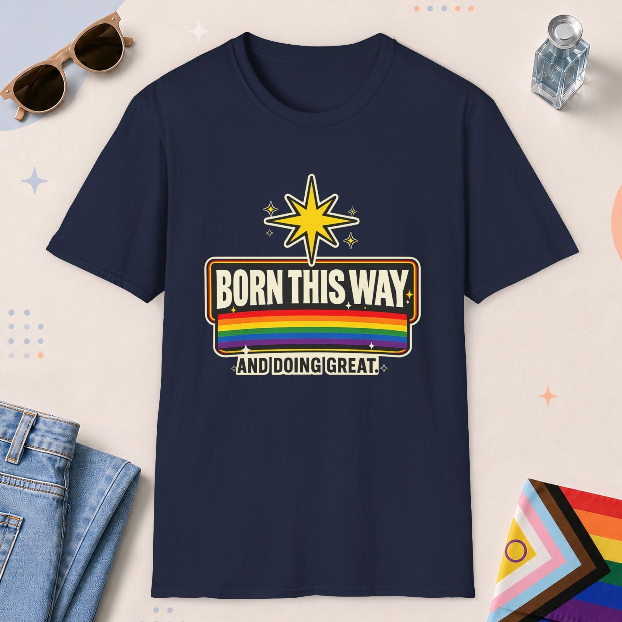 Navy color all-gender graphic t-shirt with "Born This Way" design