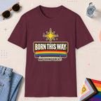 Maroon color all-gender graphic t-shirt with "Born This Way" design