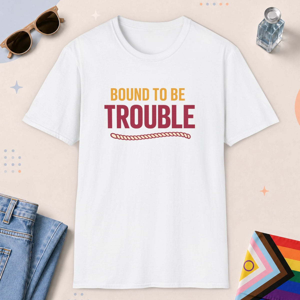 White color all-gender graphic t-shirt with "Bound To Trouble" design