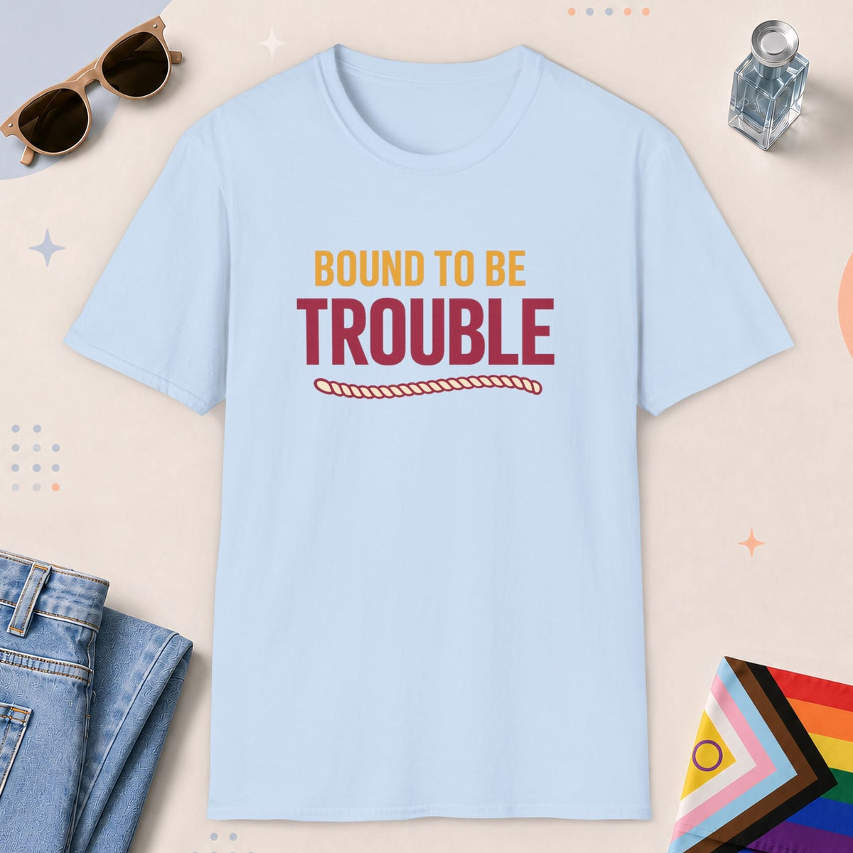 Light Blue color all-gender graphic t-shirt with "Bound To Trouble" design