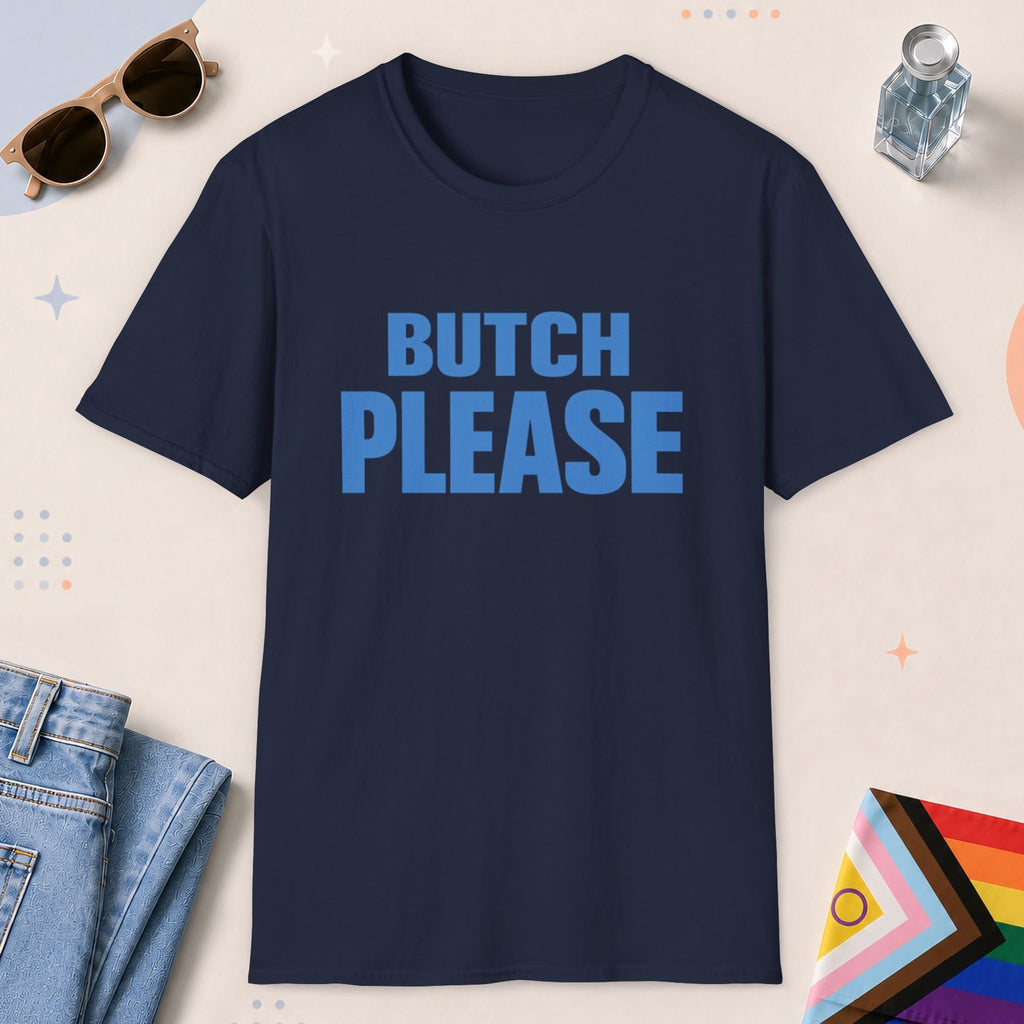 Navy color all-gender graphic t-shirt with "Butch Please" design